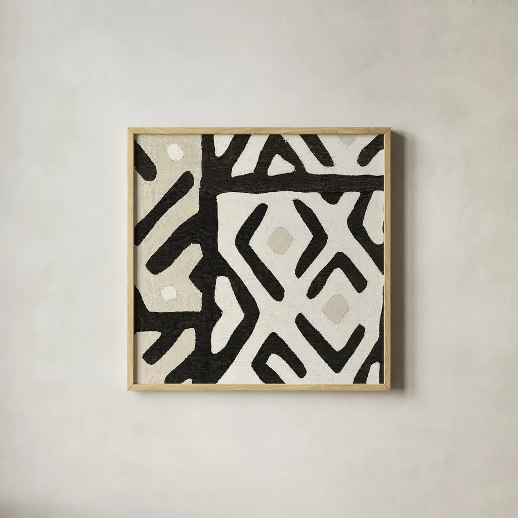 Kuba Cloth I Sq I Neutral by Wild Apple Portfolio. Shown in a natural wood glass frame for a timeless modern aesthetic. Available as an archival giclee rolled canvas, fine art paper, or poster print. SKU 51730a.