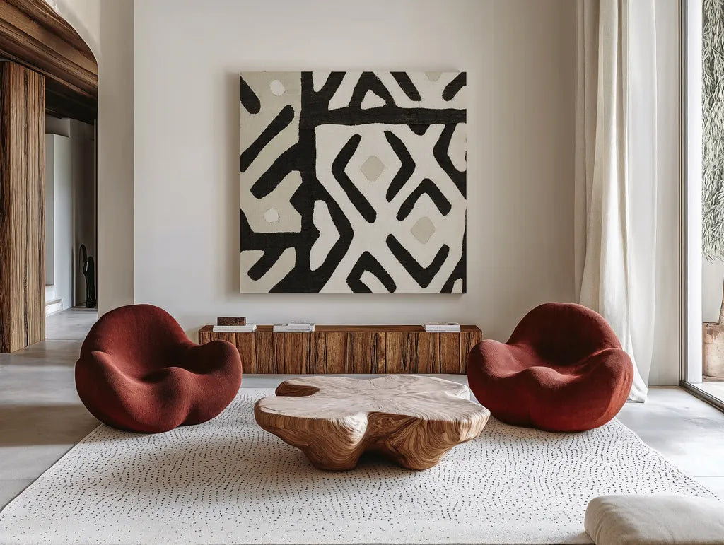 Kuba Cloth I Sq I Neutral by Wild Apple Portfolio. Shown as extra-large giant wall art in a modern living room. Available as an archival giclee rolled canvas, fine art paper, or poster print. SKU 51730a.