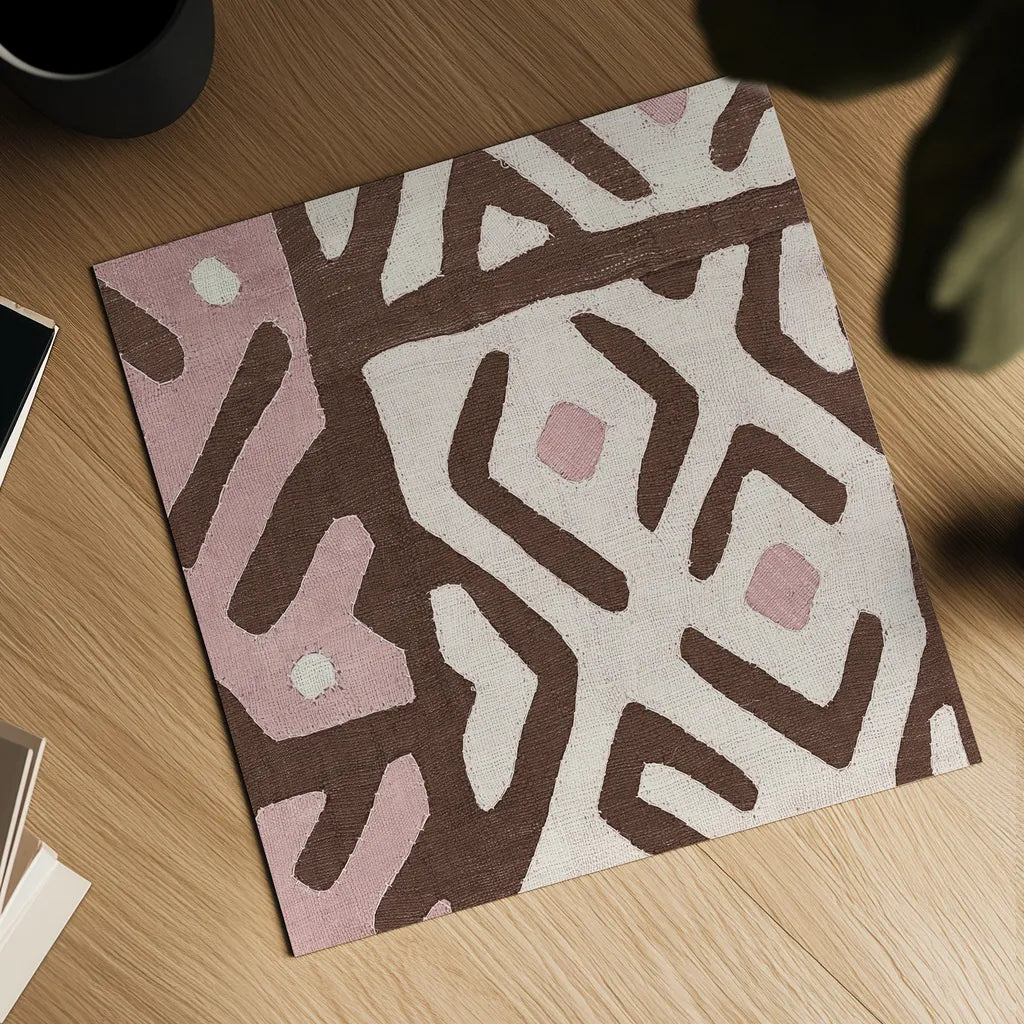 Kuba Cloth I Sq I Pink and White by Wild Apple Portfolio. Shown as a detailed flat fine art print, highlighting archival giclee quality. Available as an archival giclee rolled canvas, fine art paper, or poster print. SKU 82337a.