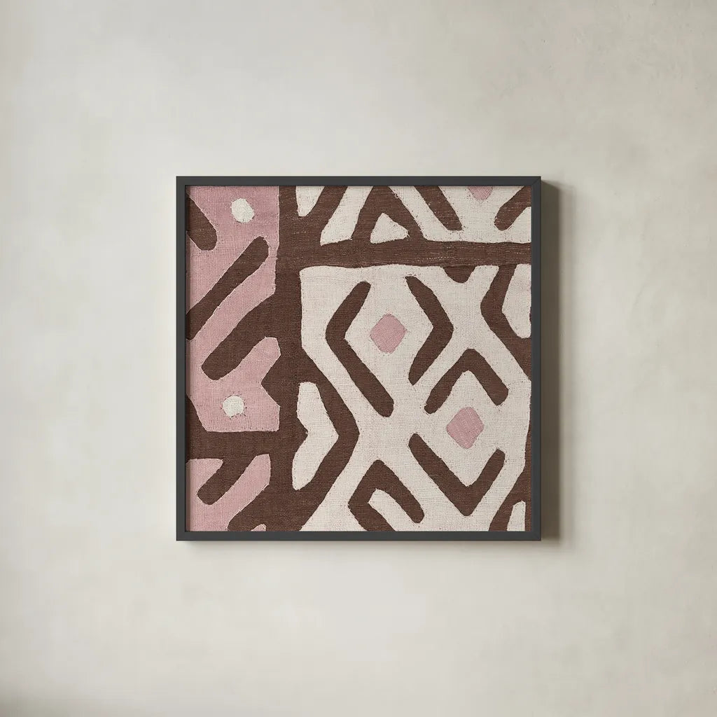 Kuba Cloth I Sq I Pink and White by Wild Apple Portfolio. Shown in a sleek black glass frame for a contemporary gallery look. Available as an archival giclee rolled canvas, fine art paper, or poster print. SKU 82337a.
