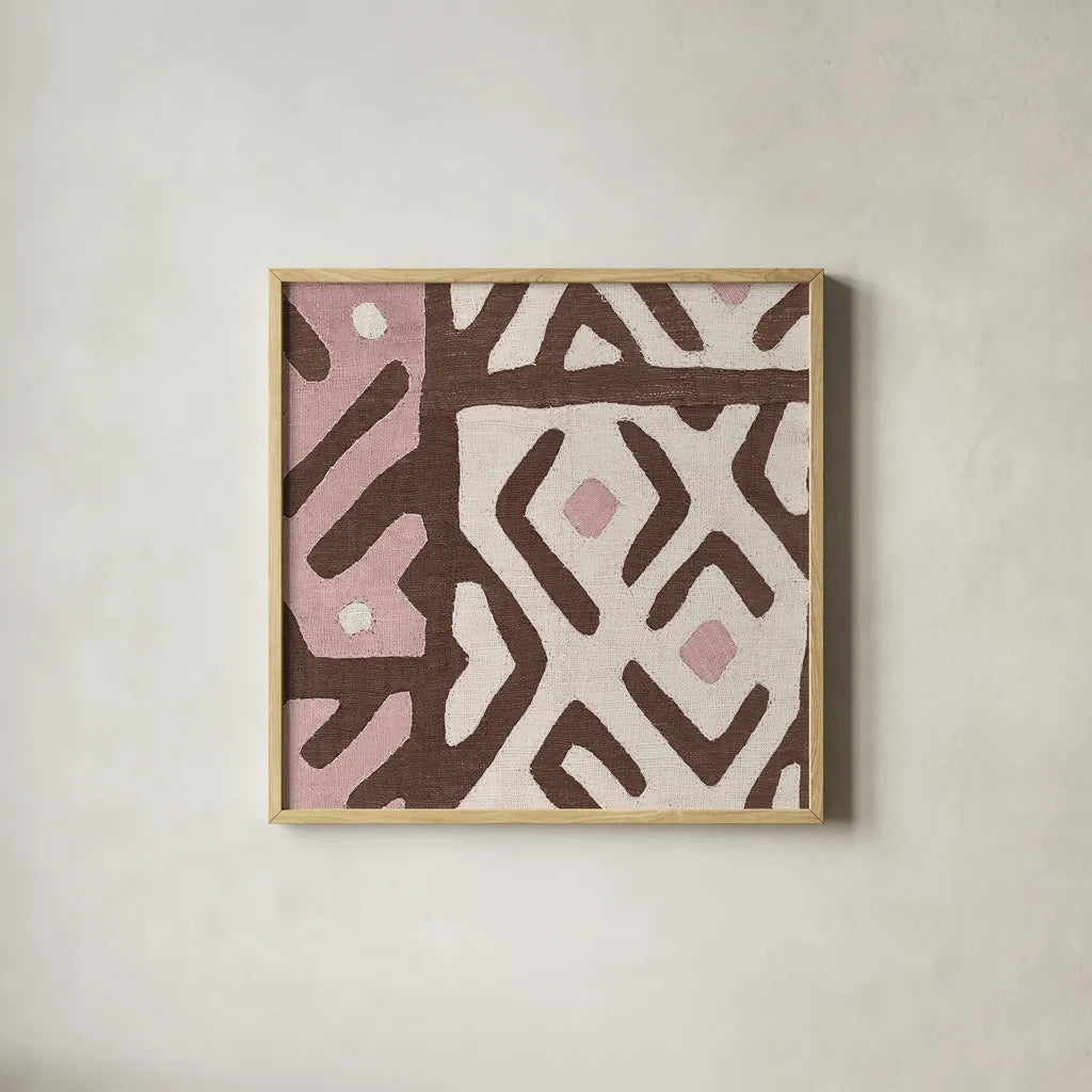 Kuba Cloth I Sq I Pink and White by Wild Apple Portfolio. Shown in a natural wood glass frame for a timeless modern aesthetic. Available as an archival giclee rolled canvas, fine art paper, or poster print. SKU 82337a.