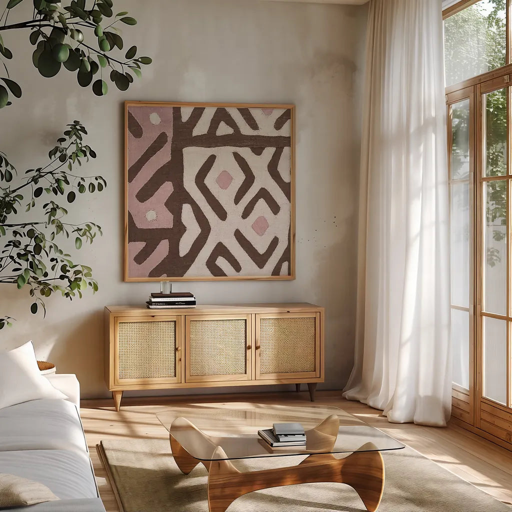 Kuba Cloth I Sq I Pink and White by Wild Apple Portfolio. Shown in a natural wood frame in a cozy modern living room. Available as an archival giclee rolled canvas, fine art paper, or poster print. SKU 82337a.