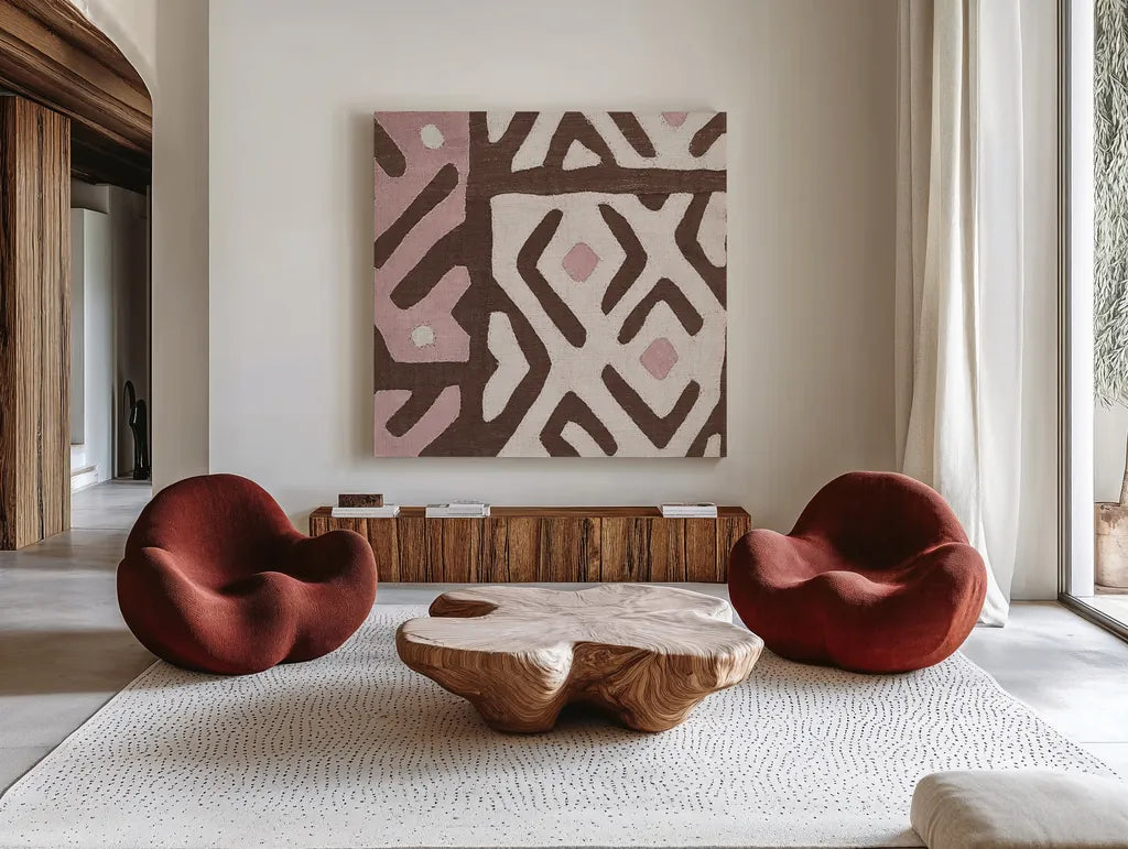 Kuba Cloth I Sq I Pink and White by Wild Apple Portfolio. Shown as extra-large giant wall art in a modern living room. Available as an archival giclee rolled canvas, fine art paper, or poster print. SKU 82337a.