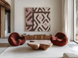 Kuba Cloth I Sq I Pink and White by Wild Apple Portfolio. Shown as extra-large giant wall art in a modern living room. Available as an archival giclee rolled canvas, fine art paper, or poster print. SKU 82337a.