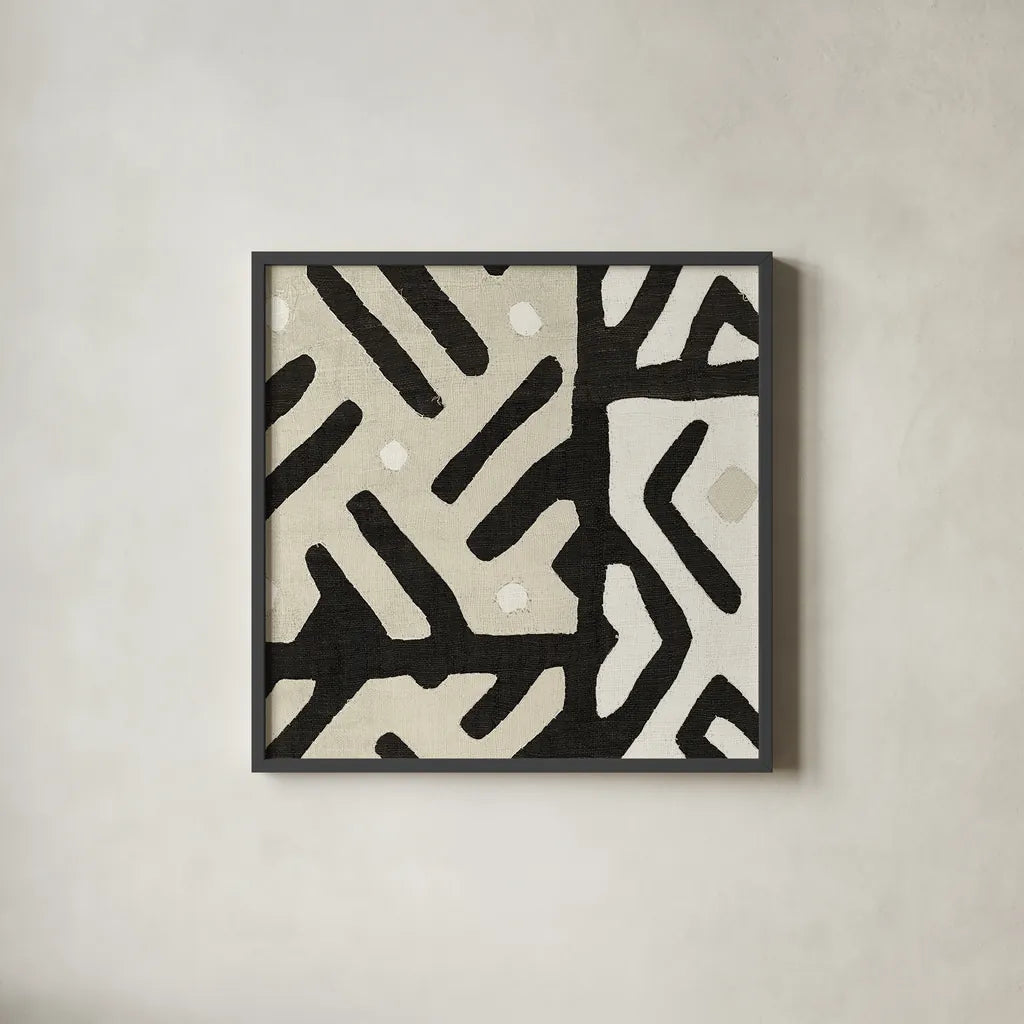 Kuba Cloth I Sq II Neutral by Wild Apple Portfolio. Shown in a sleek black glass frame for a contemporary gallery look. Available as an archival giclee rolled canvas, fine art paper, or poster print. SKU 51731a.