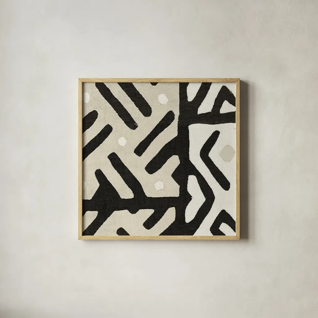 Kuba Cloth I Sq II Neutral by Wild Apple Portfolio. Shown in a natural wood glass frame for a timeless modern aesthetic. Available as an archival giclee rolled canvas, fine art paper, or poster print. SKU 51731a.