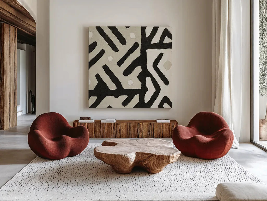 Kuba Cloth I Sq II Neutral by Wild Apple Portfolio. Shown as extra-large giant wall art in a modern living room. Available as an archival giclee rolled canvas, fine art paper, or poster print. SKU 51731a.