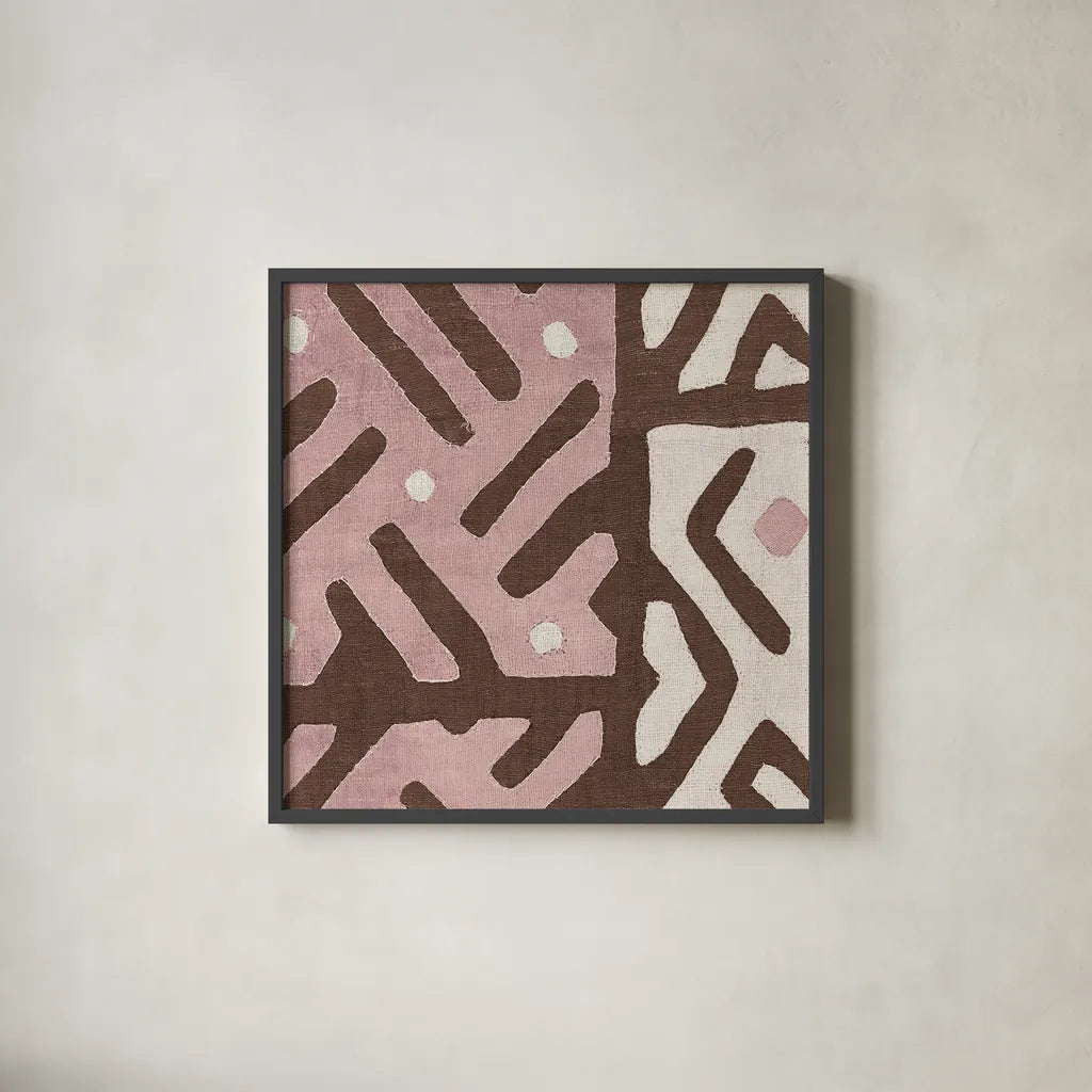 Kuba Cloth I Sq II Pink and White by Wild Apple Portfolio. Shown in a sleek black glass frame for a contemporary gallery look. Available as an archival giclee rolled canvas, fine art paper, or poster print. SKU 82338a.