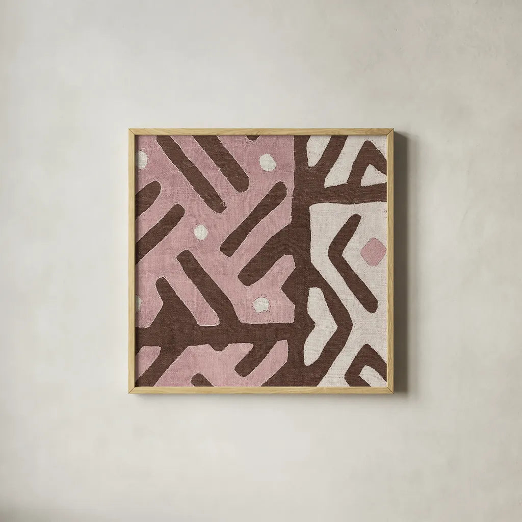 Kuba Cloth I Sq II Pink and White by Wild Apple Portfolio. Shown in a natural wood glass frame for a timeless modern aesthetic. Available as an archival giclee rolled canvas, fine art paper, or poster print. SKU 82338a.