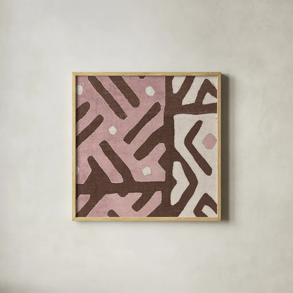 Kuba Cloth I Sq II Pink and White by Wild Apple Portfolio. Shown in a natural wood glass frame for a timeless modern aesthetic. Available as an archival giclee rolled canvas, fine art paper, or poster print. SKU 82338a.