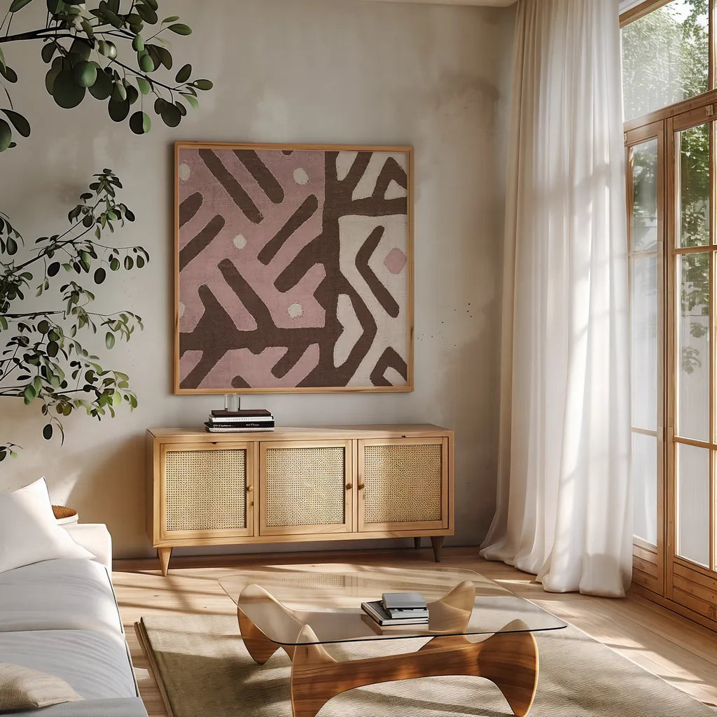 Kuba Cloth I Sq II Pink and White by Wild Apple Portfolio. Shown in a natural wood frame in a cozy modern living room. Available as an archival giclee rolled canvas, fine art paper, or poster print. SKU 82338a.