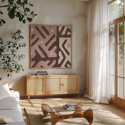 Kuba Cloth I Sq II Pink and White by Wild Apple Portfolio. Shown in a natural wood frame in a cozy modern living room. Available as an archival giclee rolled canvas, fine art paper, or poster print. SKU 82338a.