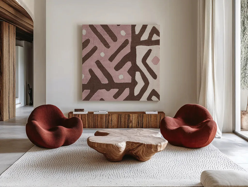 Kuba Cloth I Sq II Pink and White by Wild Apple Portfolio. Shown as extra-large giant wall art in a modern living room. Available as an archival giclee rolled canvas, fine art paper, or poster print. SKU 82338a.