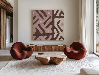 Kuba Cloth I Sq II Pink and White by Wild Apple Portfolio. Shown as extra-large giant wall art in a modern living room. Available as an archival giclee rolled canvas, fine art paper, or poster print. SKU 82338a.