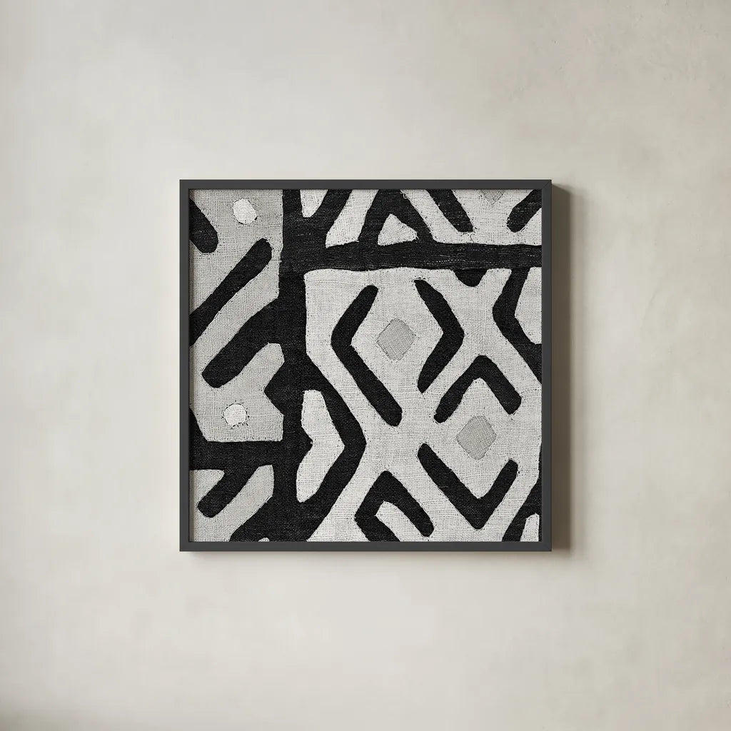 Kuba Cloth I Square I BW by Wild Apple Portfolio. Shown in a sleek black glass frame for a contemporary gallery look. Available as an archival giclee rolled canvas, fine art paper, or poster print. SKU 32127a.