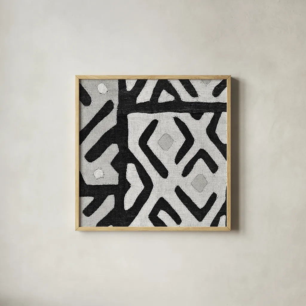 Kuba Cloth I Square I BW by Wild Apple Portfolio. Shown in a natural wood glass frame for a timeless modern aesthetic. Available as an archival giclee rolled canvas, fine art paper, or poster print. SKU 32127a.