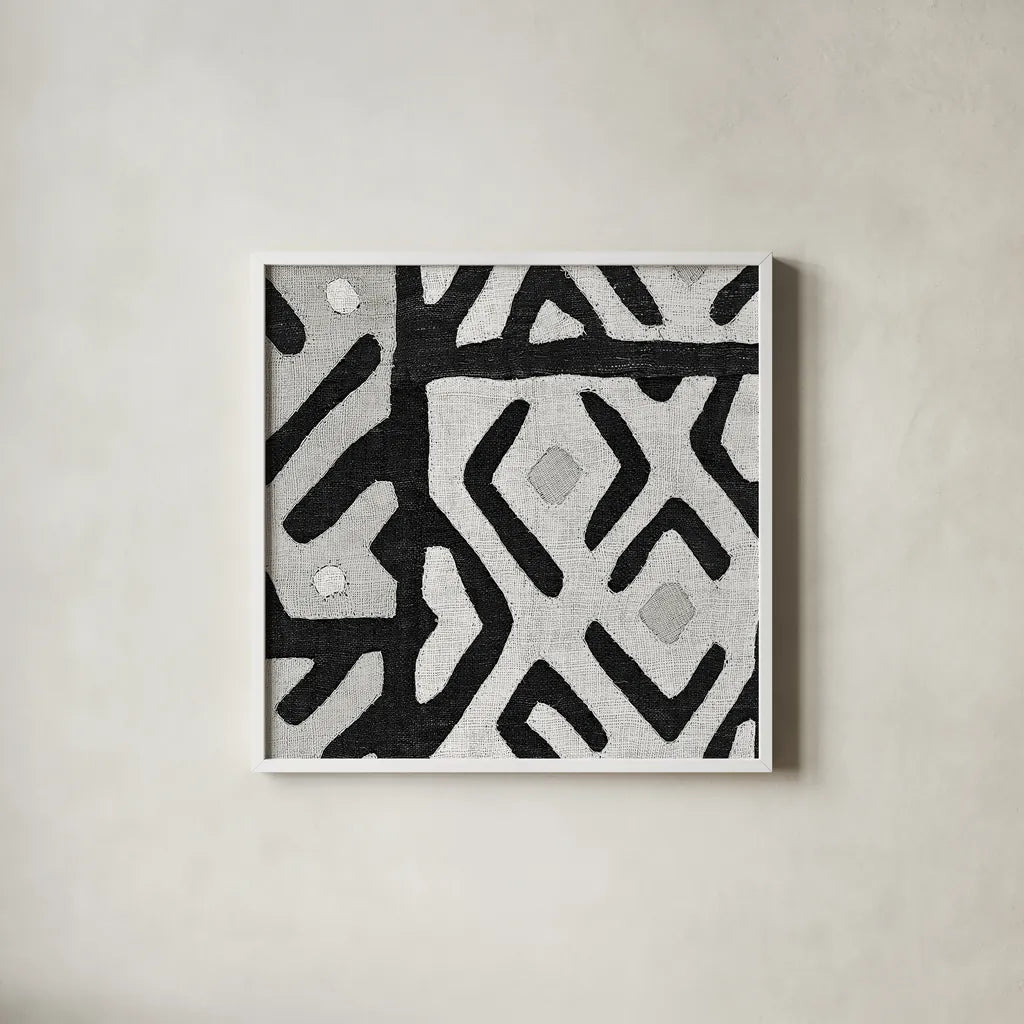 Kuba Cloth I Square I BW by Wild Apple Portfolio. Shown in a crisp white glass frame for a clean and minimalist style. Available as an archival giclee rolled canvas, fine art paper, or poster print. SKU 32127a.