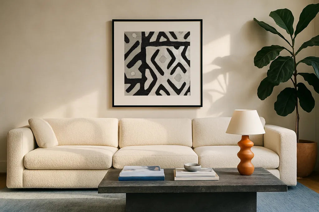 Kuba Cloth I Square I BW by Wild Apple Portfolio. Displayed in a glass frame with matte in a clean modern living room. Available as an archival giclee rolled canvas, fine art paper, or poster print. SKU 32127a.