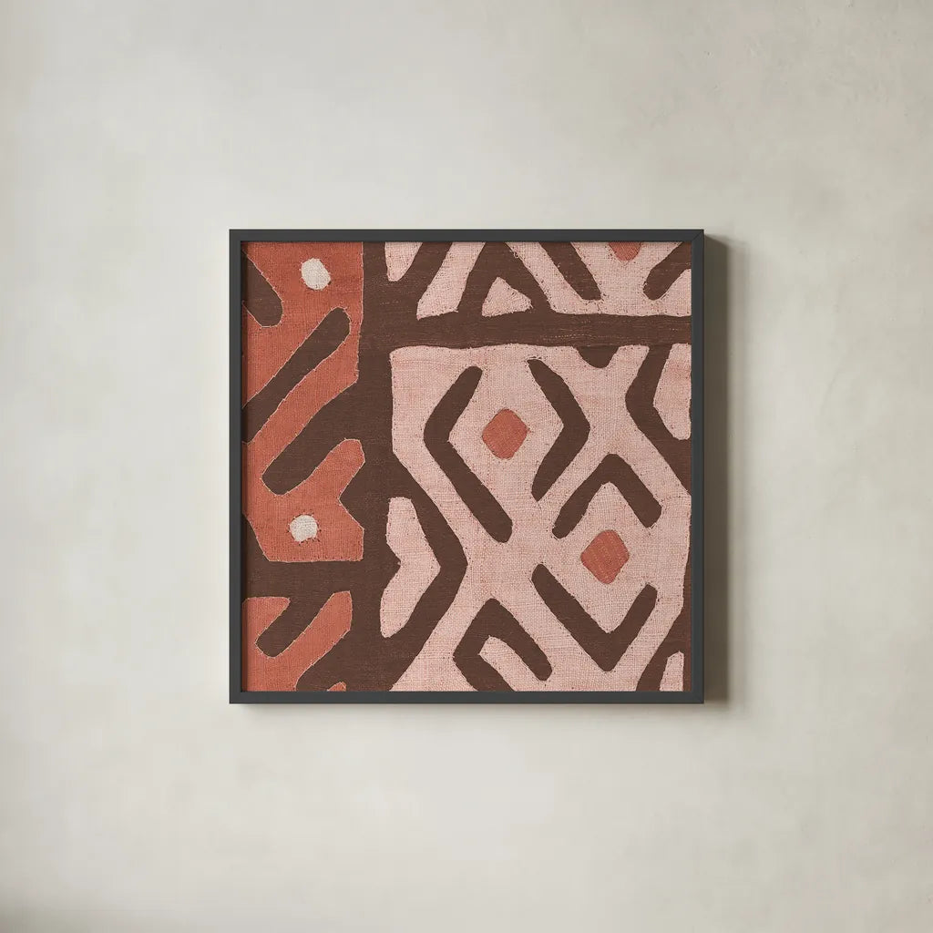 Kuba Cloth I Square I Blush by Wild Apple Portfolio. Shown in a sleek black glass frame for a contemporary gallery look. Available as an archival giclee rolled canvas, fine art paper, or poster print. SKU 82168a.