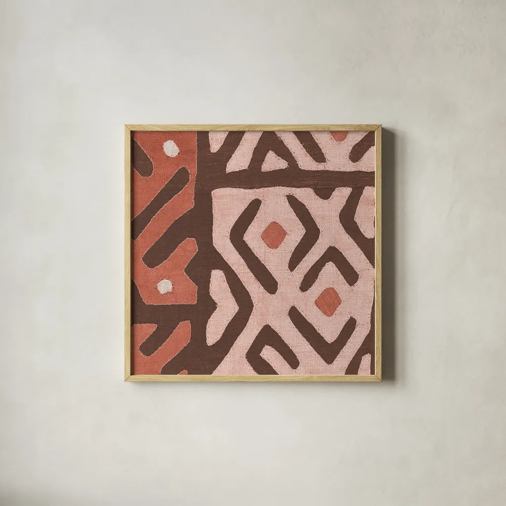 Kuba Cloth I Square I Blush by Wild Apple Portfolio. Shown in a natural wood glass frame for a timeless modern aesthetic. Available as an archival giclee rolled canvas, fine art paper, or poster print. SKU 82168a.