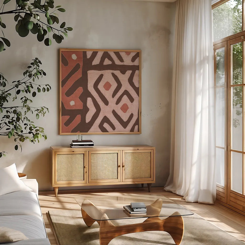Kuba Cloth I Square I Blush by Wild Apple Portfolio. Shown in a natural wood frame in a cozy modern living room. Available as an archival giclee rolled canvas, fine art paper, or poster print. SKU 82168a.