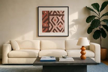 Kuba Cloth I Square I Blush by Wild Apple Portfolio. Displayed in a glass frame with matte in a clean modern living room. Available as an archival giclee rolled canvas, fine art paper, or poster print. SKU 82168a.