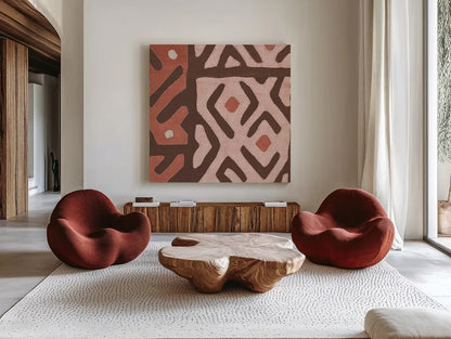 Kuba Cloth I Square I Blush by Wild Apple Portfolio. Shown as extra-large giant wall art in a modern living room. Available as an archival giclee rolled canvas, fine art paper, or poster print. SKU 82168a.
