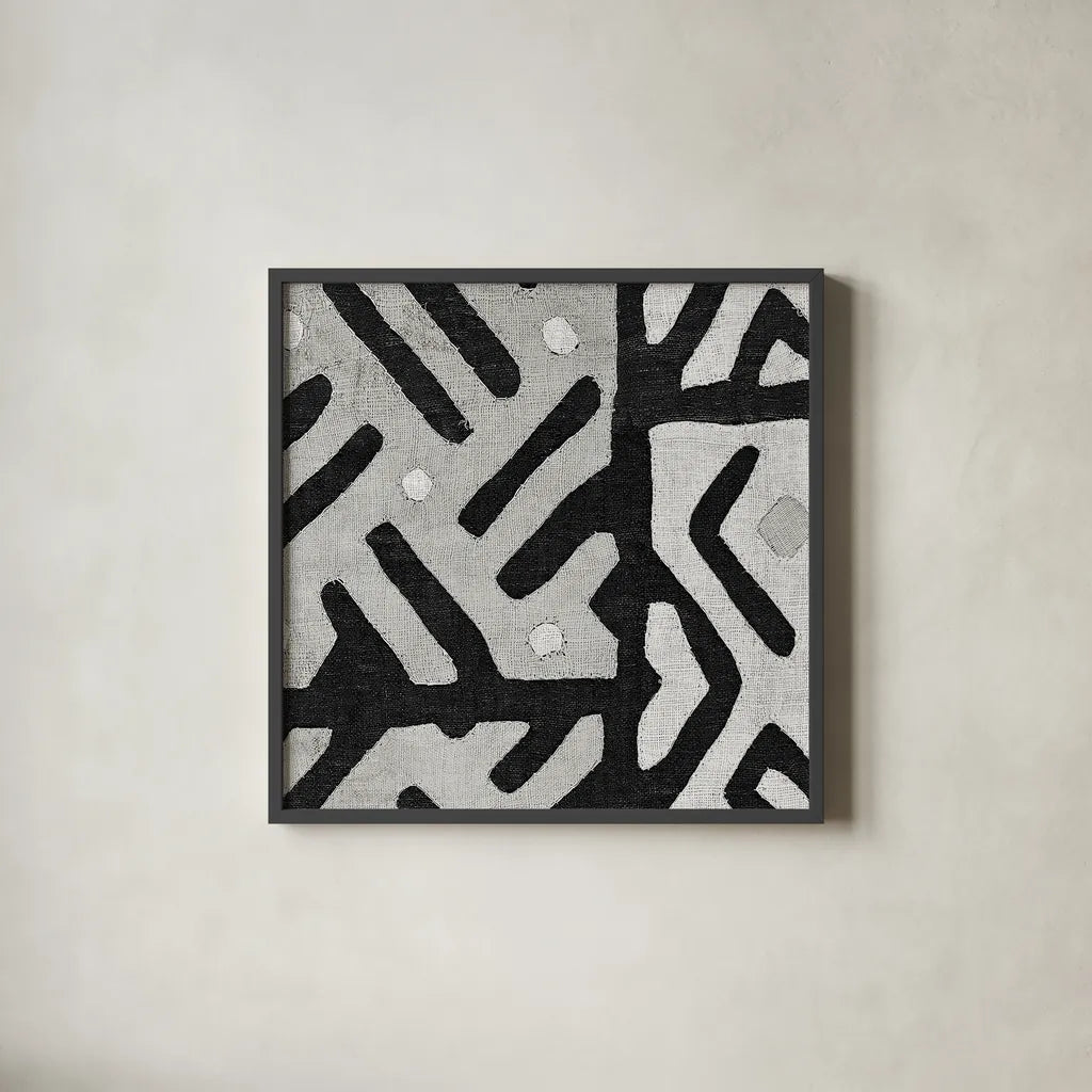 Kuba Cloth I Square II BW by Wild Apple Portfolio. Shown in a sleek black glass frame for a contemporary gallery look. Available as an archival giclee rolled canvas, fine art paper, or poster print. SKU 32128a.