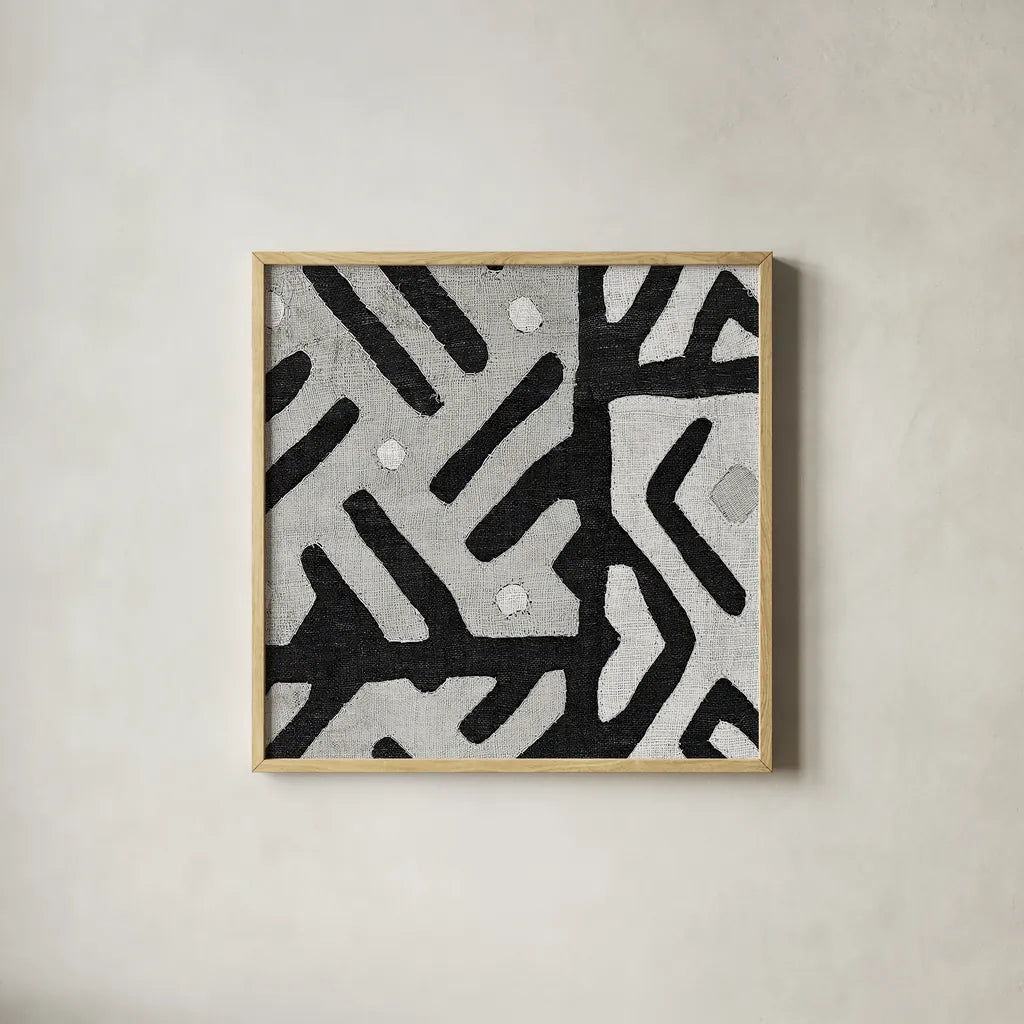 Kuba Cloth I Square II BW by Wild Apple Portfolio. Shown in a natural wood glass frame for a timeless modern aesthetic. Available as an archival giclee rolled canvas, fine art paper, or poster print. SKU 32128a.