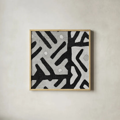 Kuba Cloth I Square II BW by Wild Apple Portfolio. Shown in a natural wood glass frame for a timeless modern aesthetic. Available as an archival giclee rolled canvas, fine art paper, or poster print. SKU 32128a.