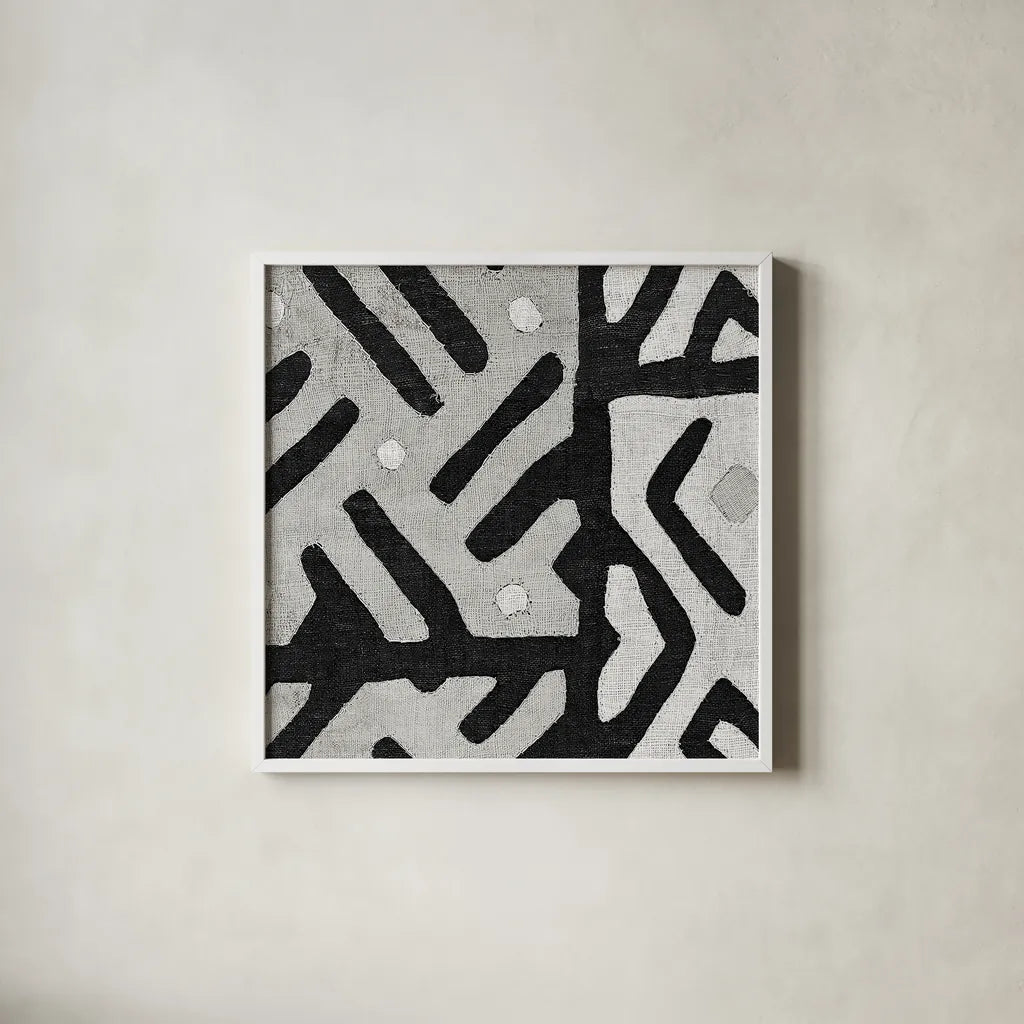 Kuba Cloth I Square II BW by Wild Apple Portfolio. Shown in a crisp white glass frame for a clean and minimalist style. Available as an archival giclee rolled canvas, fine art paper, or poster print. SKU 32128a.