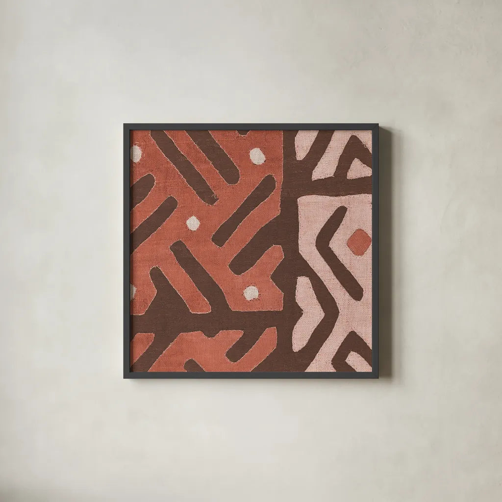 Kuba Cloth I Square II Blush by Wild Apple Portfolio. Shown in a sleek black glass frame for a contemporary gallery look. Available as an archival giclee rolled canvas, fine art paper, or poster print. SKU 82169a.