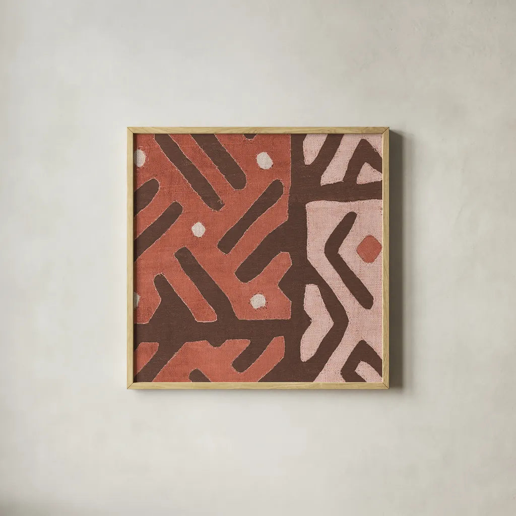Kuba Cloth I Square II Blush by Wild Apple Portfolio. Shown in a natural wood glass frame for a timeless modern aesthetic. Available as an archival giclee rolled canvas, fine art paper, or poster print. SKU 82169a.