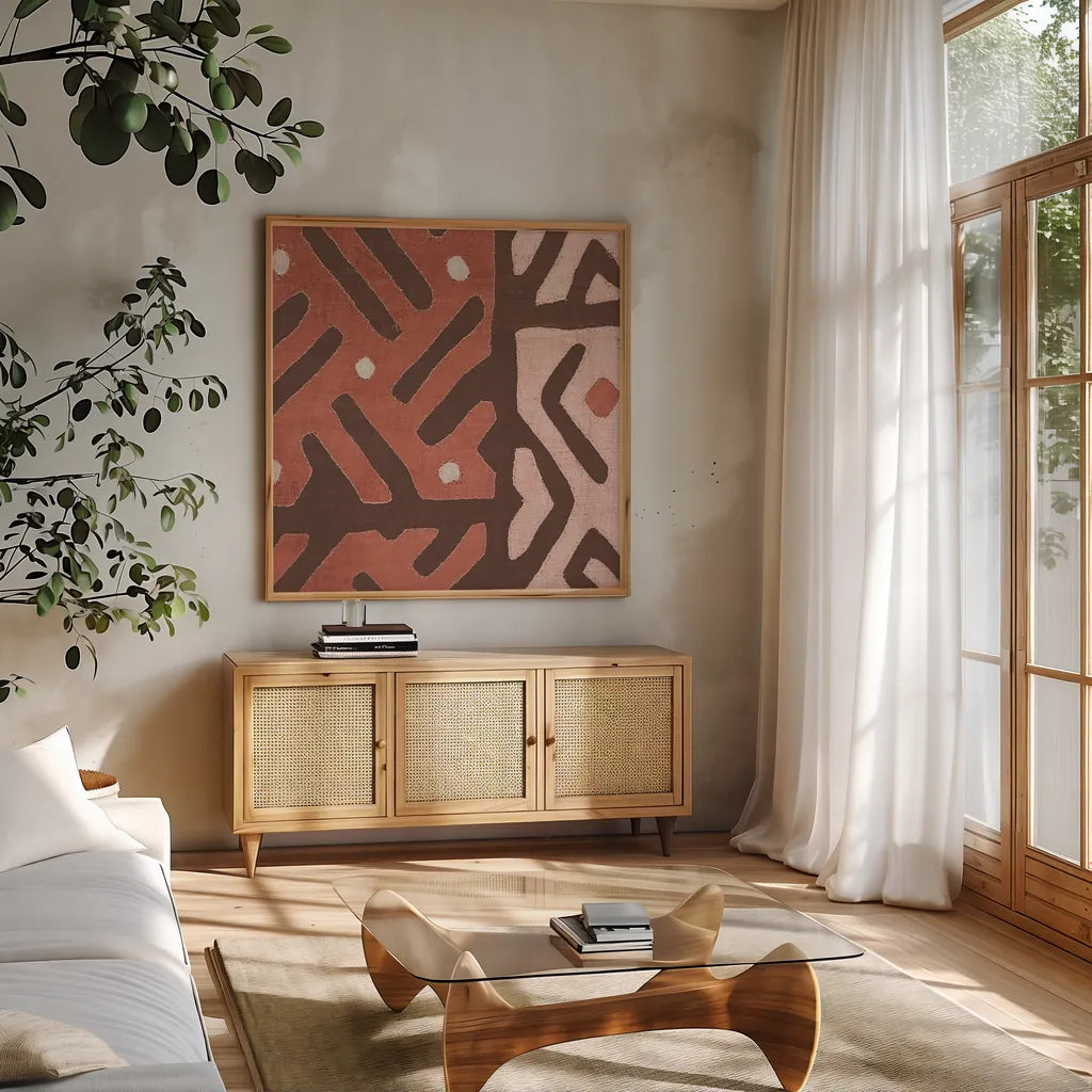 Kuba Cloth I Square II Blush by Wild Apple Portfolio. Shown in a natural wood frame in a cozy modern living room. Available as an archival giclee rolled canvas, fine art paper, or poster print. SKU 82169a.