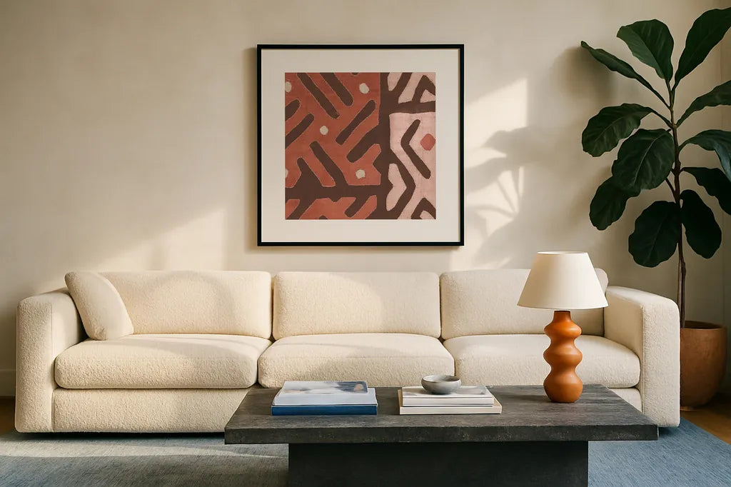 Kuba Cloth I Square II Blush by Wild Apple Portfolio. Displayed in a glass frame with matte in a clean modern living room. Available as an archival giclee rolled canvas, fine art paper, or poster print. SKU 82169a.