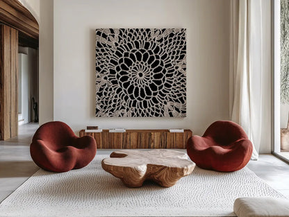 Lace IV by Wild Apple Portfolio. Shown as extra-large giant wall art in a modern living room. Available as an archival giclee rolled canvas, fine art paper, or poster print. SKU 86070a.