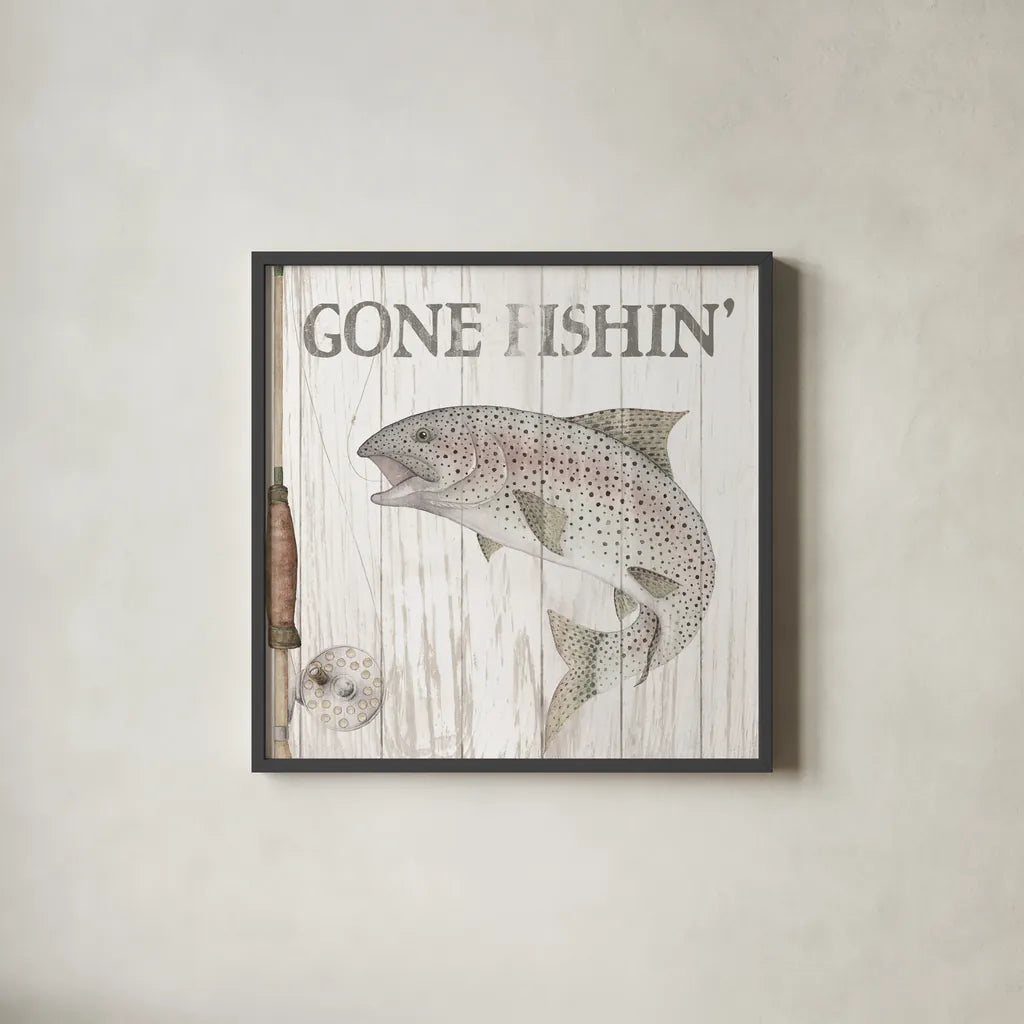 Lake Fishing I by Wild Apple Portfolio. Shown in a sleek black glass frame for a contemporary gallery look. Available as an archival giclee rolled canvas, fine art paper, or poster print. SKU 72487a.