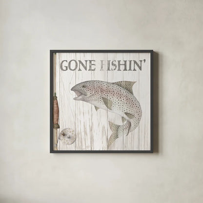 Lake Fishing I by Wild Apple Portfolio. Shown in a sleek black glass frame for a contemporary gallery look. Available as an archival giclee rolled canvas, fine art paper, or poster print. SKU 72487a.