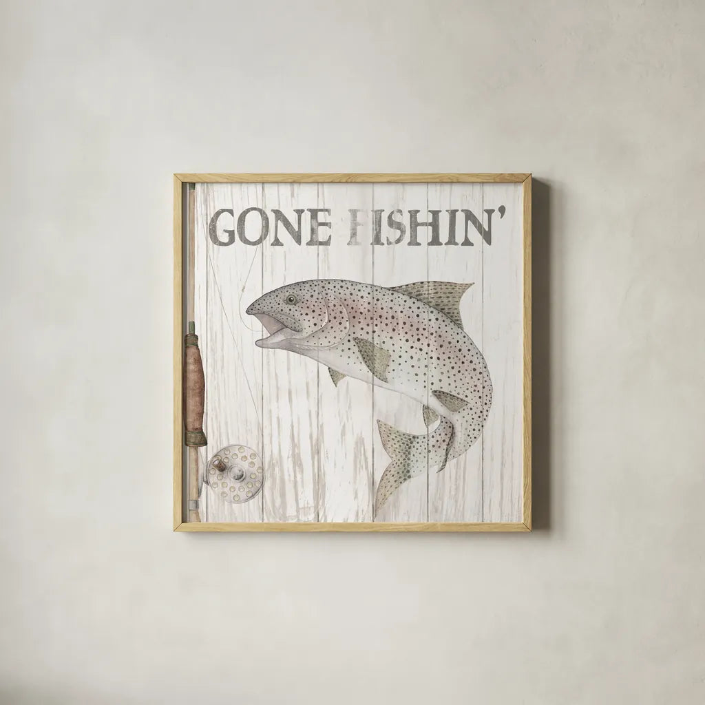 Lake Fishing I by Wild Apple Portfolio. Shown in a natural wood glass frame for a timeless modern aesthetic. Available as an archival giclee rolled canvas, fine art paper, or poster print. SKU 72487a.