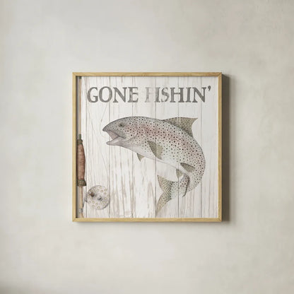 Lake Fishing I by Wild Apple Portfolio. Shown in a natural wood glass frame for a timeless modern aesthetic. Available as an archival giclee rolled canvas, fine art paper, or poster print. SKU 72487a.