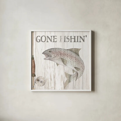 Lake Fishing I by Wild Apple Portfolio. Shown in a crisp white glass frame for a clean and minimalist style. Available as an archival giclee rolled canvas, fine art paper, or poster print. SKU 72487a.