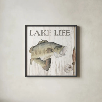Lake Fishing II by Wild Apple Portfolio. Shown in a sleek black glass frame for a contemporary gallery look. Available as an archival giclee rolled canvas, fine art paper, or poster print. SKU 72488a.