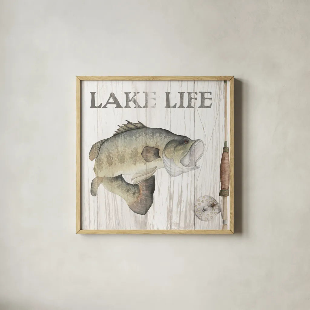 Lake Fishing II by Wild Apple Portfolio. Shown in a natural wood glass frame for a timeless modern aesthetic. Available as an archival giclee rolled canvas, fine art paper, or poster print. SKU 72488a.