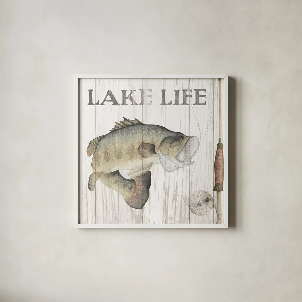 Lake Fishing II by Wild Apple Portfolio. Shown in a crisp white glass frame for a clean and minimalist style. Available as an archival giclee rolled canvas, fine art paper, or poster print. SKU 72488a.