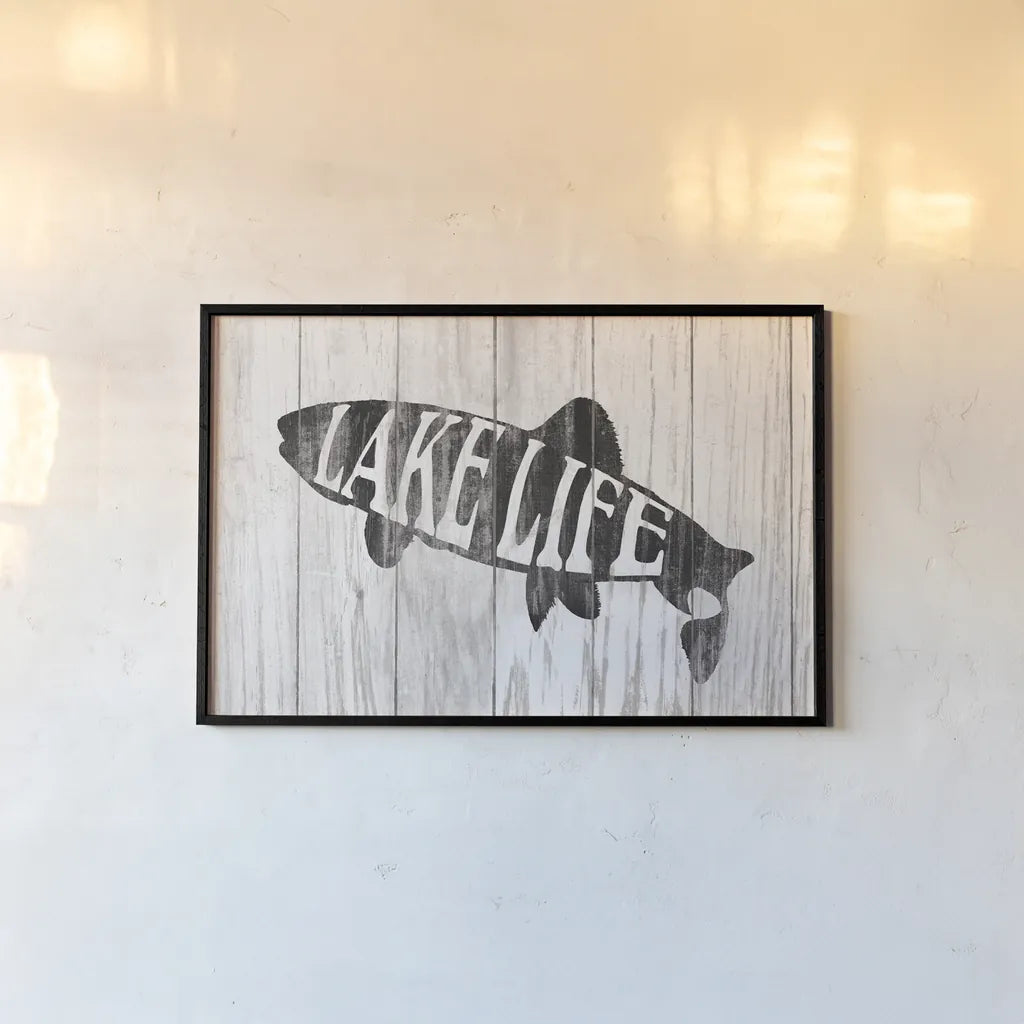 Lake Life Sign by Wild Apple Portfolio. shown as a paper print in a black flame. Available as a archival giclee rolled canvas, fine art paper, or poster print. SKU 72462i.