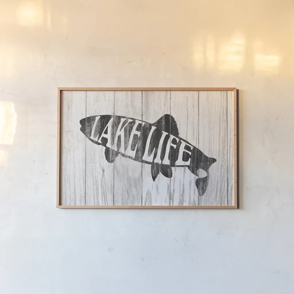 Lake Life Sign by Wild Apple Portfolio. shown as a paper print in a natural frame. Available as a archival giclee rolled canvas, fine art paper, or poster print. SKU 72462i.
