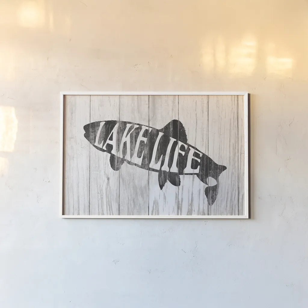 Lake Life Sign by Wild Apple Portfolio. shown as a paper print in a white frame. Available as a archival giclee rolled canvas, fine art paper, or poster print. SKU 72462i.