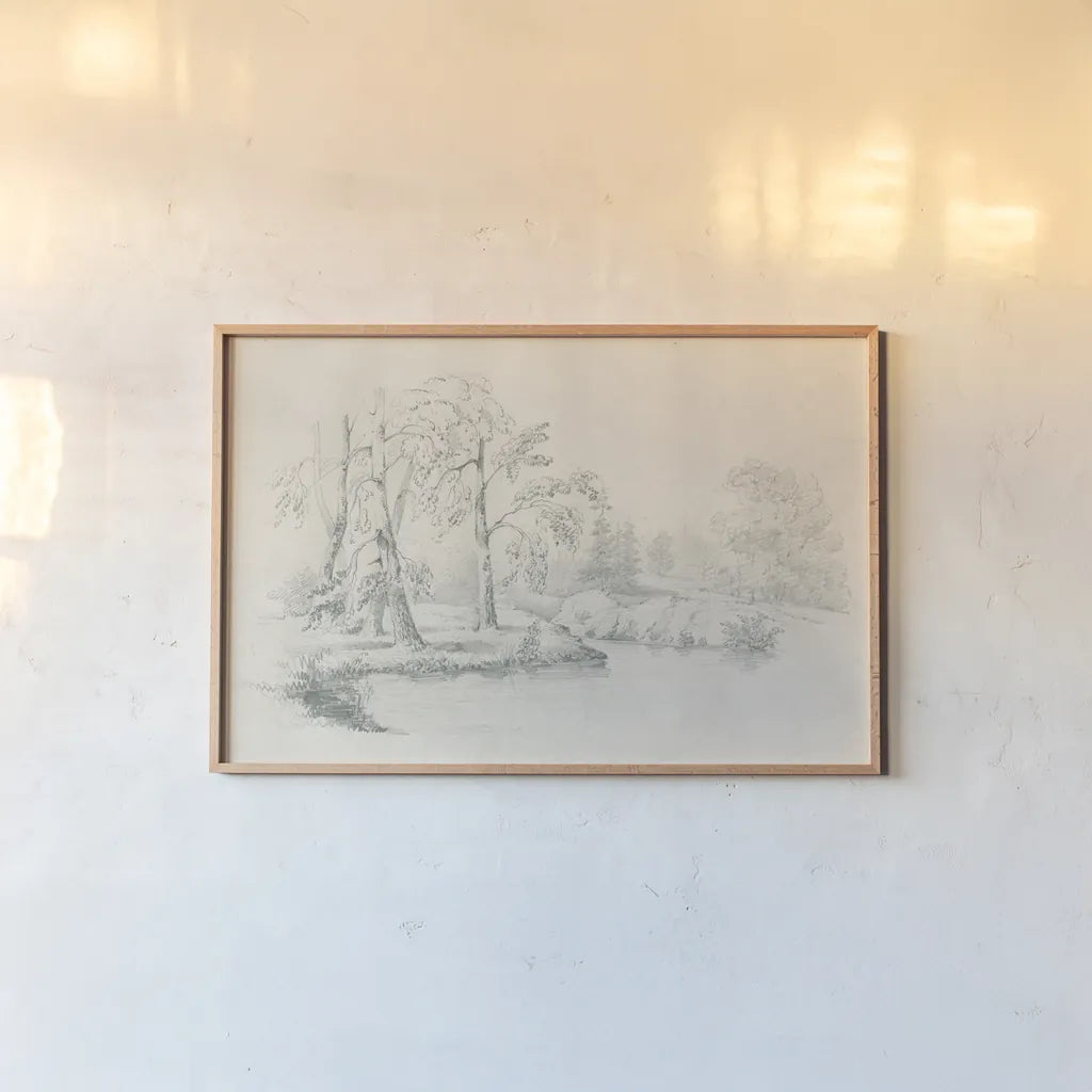Lakeside Sketch by Wild Apple Portfolio. shown as a paper print in a natural frame. Available as a archival giclee rolled canvas, fine art paper, or poster print. SKU 59696i.
