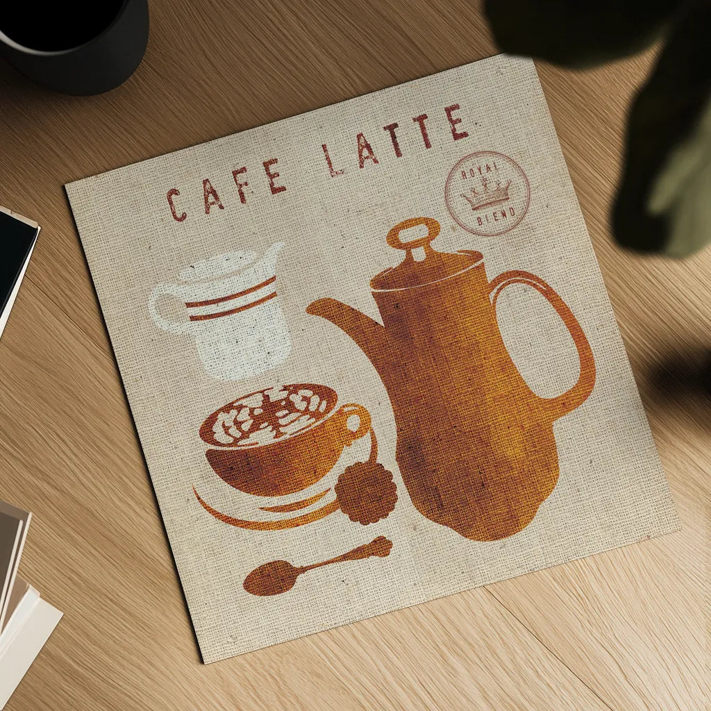 Latte on Linen by Wild Apple Portfolio. Shown as a detailed flat fine art print, highlighting archival giclee quality. Available as an archival giclee rolled canvas, fine art paper, or poster print. SKU 39918a.