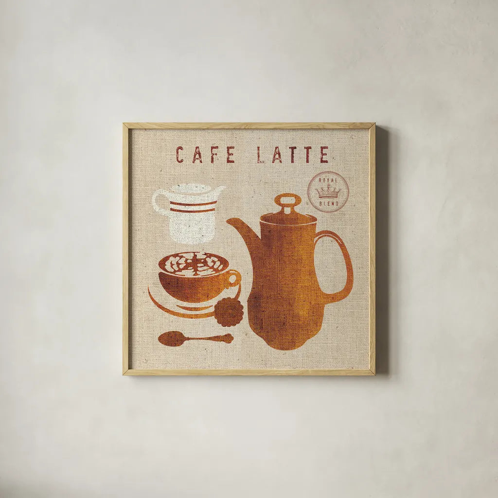 Latte on Linen by Wild Apple Portfolio. Shown in a natural wood glass frame for a timeless modern aesthetic. Available as an archival giclee rolled canvas, fine art paper, or poster print. SKU 39918a.